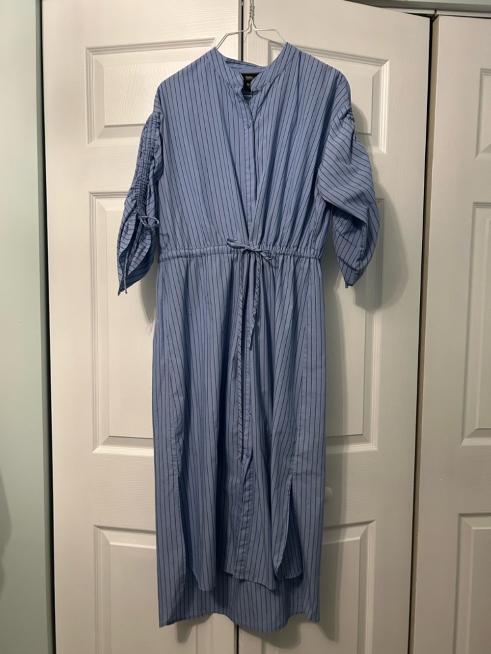 Light Blue Pinstripe Button-Front Shirt Dress